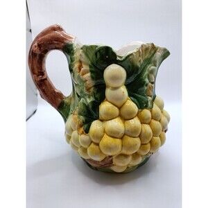 Vintage Bassano Artigianal Italy Green Vines Handmade Pitcher Yellow Grapes